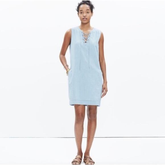 Madewell Chambray Lace Up Front Sleeveless Shift Dress Size XXS Blue - Picture 1 of 8